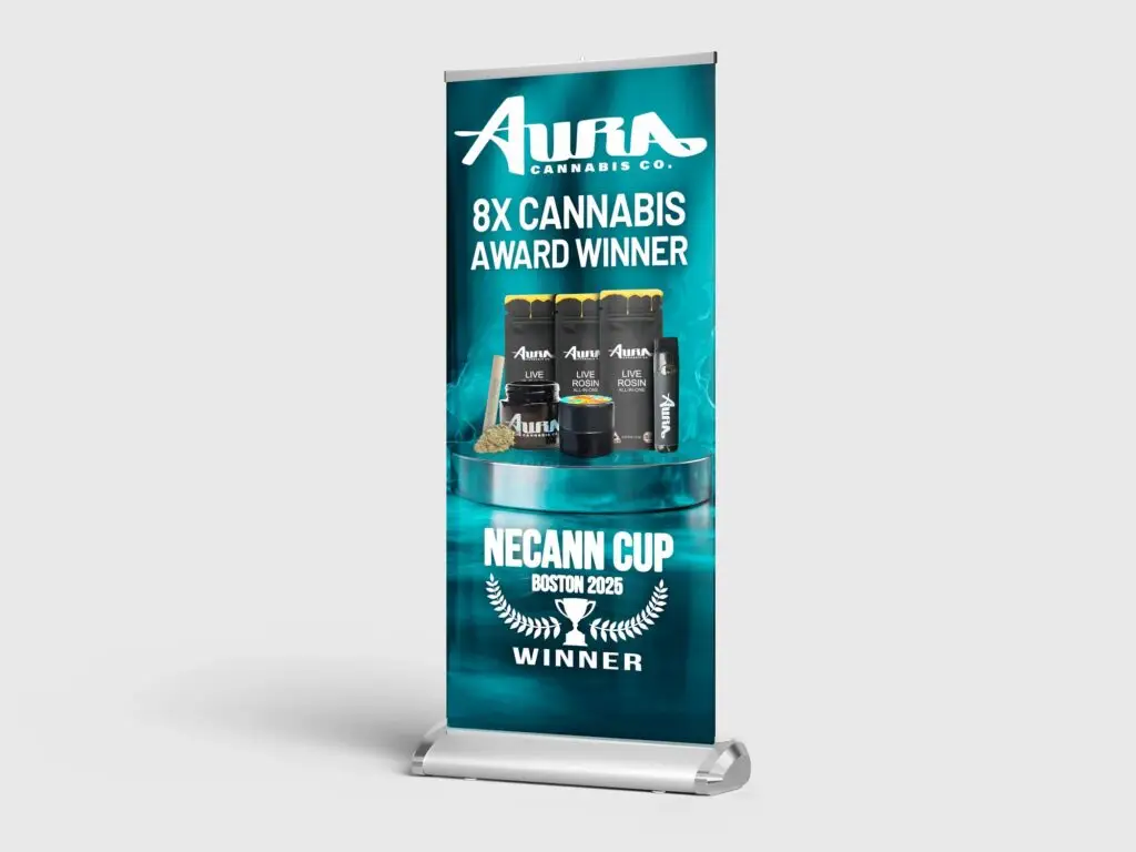 Aura cannabis brand banner stand mockup - Spark Ad in-dispensary visibility work
