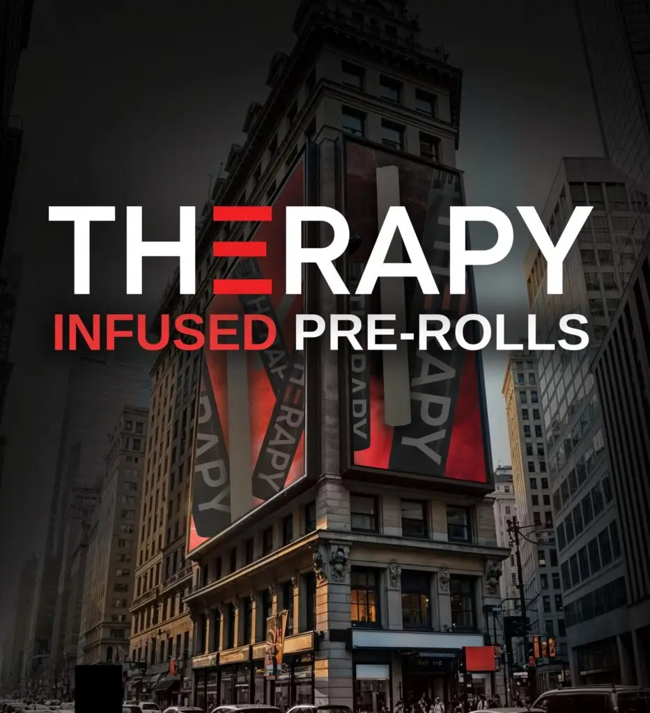 Therapy infused pre-rolls campaign: large-scale skyscraper signage in dramatic urban setting. Spark Ad cannabis brand campaign portfolio.