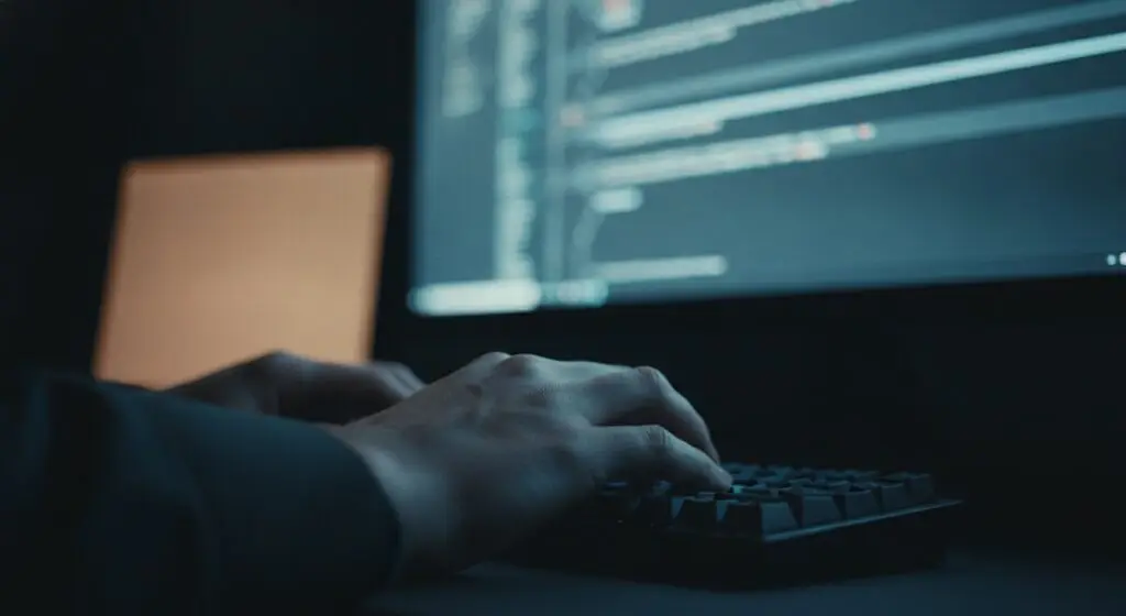 Hands mid-keystroke at a keyboard, lit by the glow of code on the screen behind them