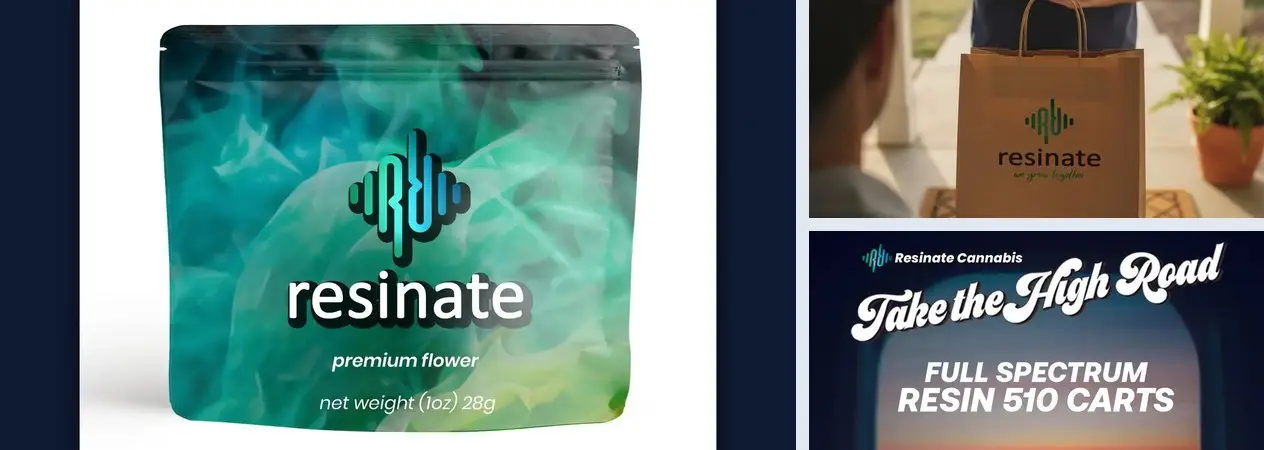 Resinate: flower pouch packaging, delivery bag and full-spectrum carts campaign