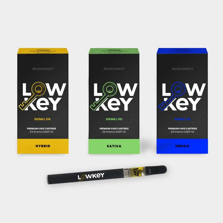 Lowkey vape cartons in three strain colourways with the pen