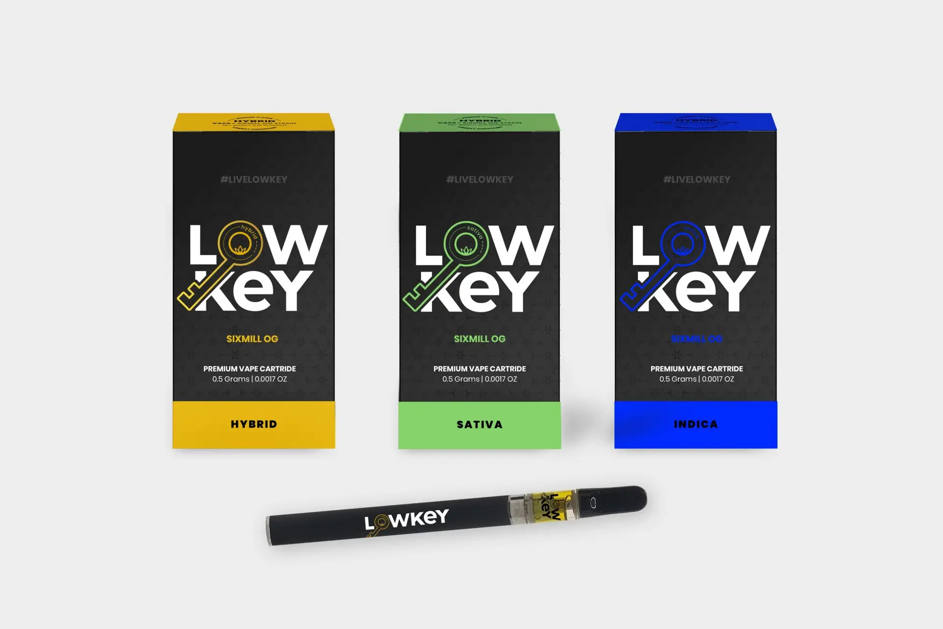 Lowkey vape cartons in three strain colourways with the pen