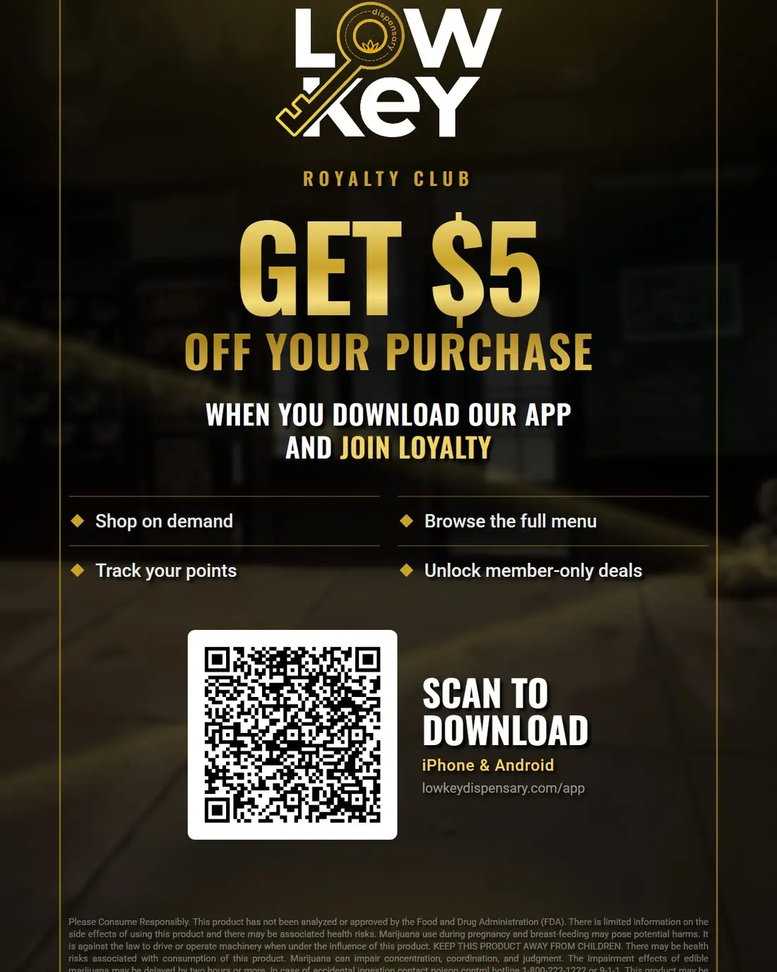 Lowkey in-bag app download card, front
