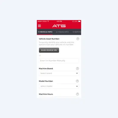 The ATG tire ordering app - step one of the rental-equipment ordering flow