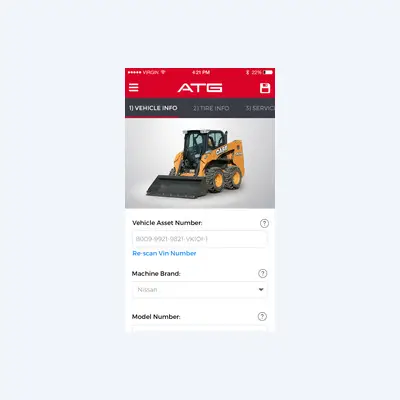 The ATG tire ordering app - the vehicle information step, with the machine identified from its VIN