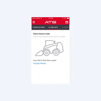 The ATG tire ordering app - the tire information step, with the machine confirmed