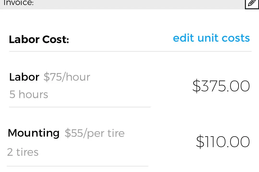 The ATG tire ordering app cost breakdown, itemizing labor, mounting and tire disposal per line