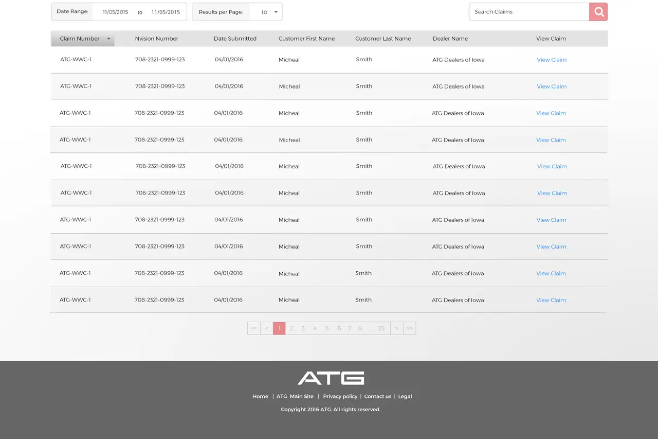 The Warranty Wizard dealer portal claims list, with claim number, revision, submission date, customer and dealer per row