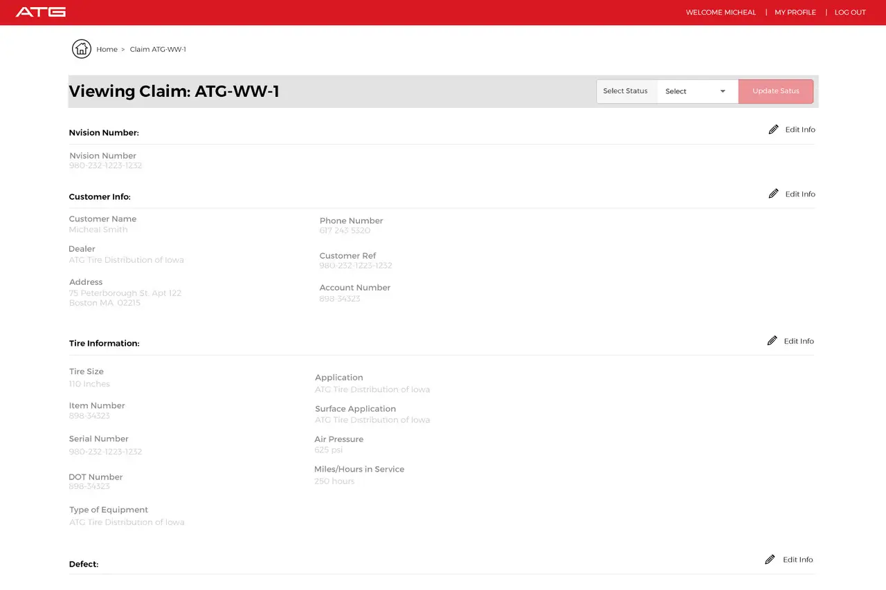A single Warranty Wizard claim open in the portal, showing customer, dealer and tire information with per-section edit controls