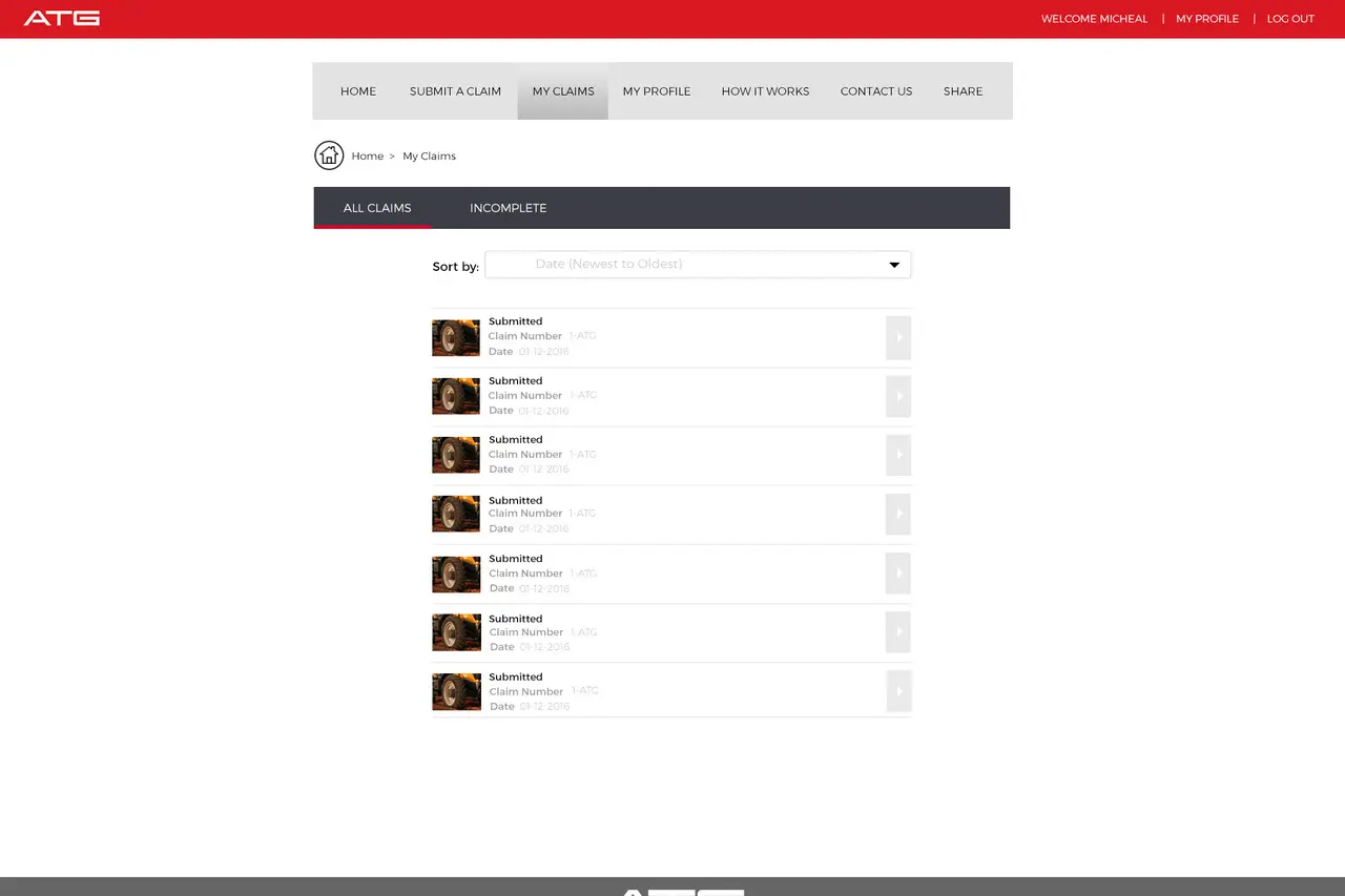 The customer's own claims list in the Warranty Wizard, each entry with its submitted photo