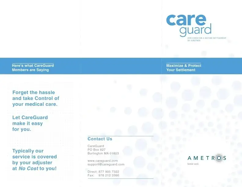 Ametros CareGuard trifold leave-behind, three panels