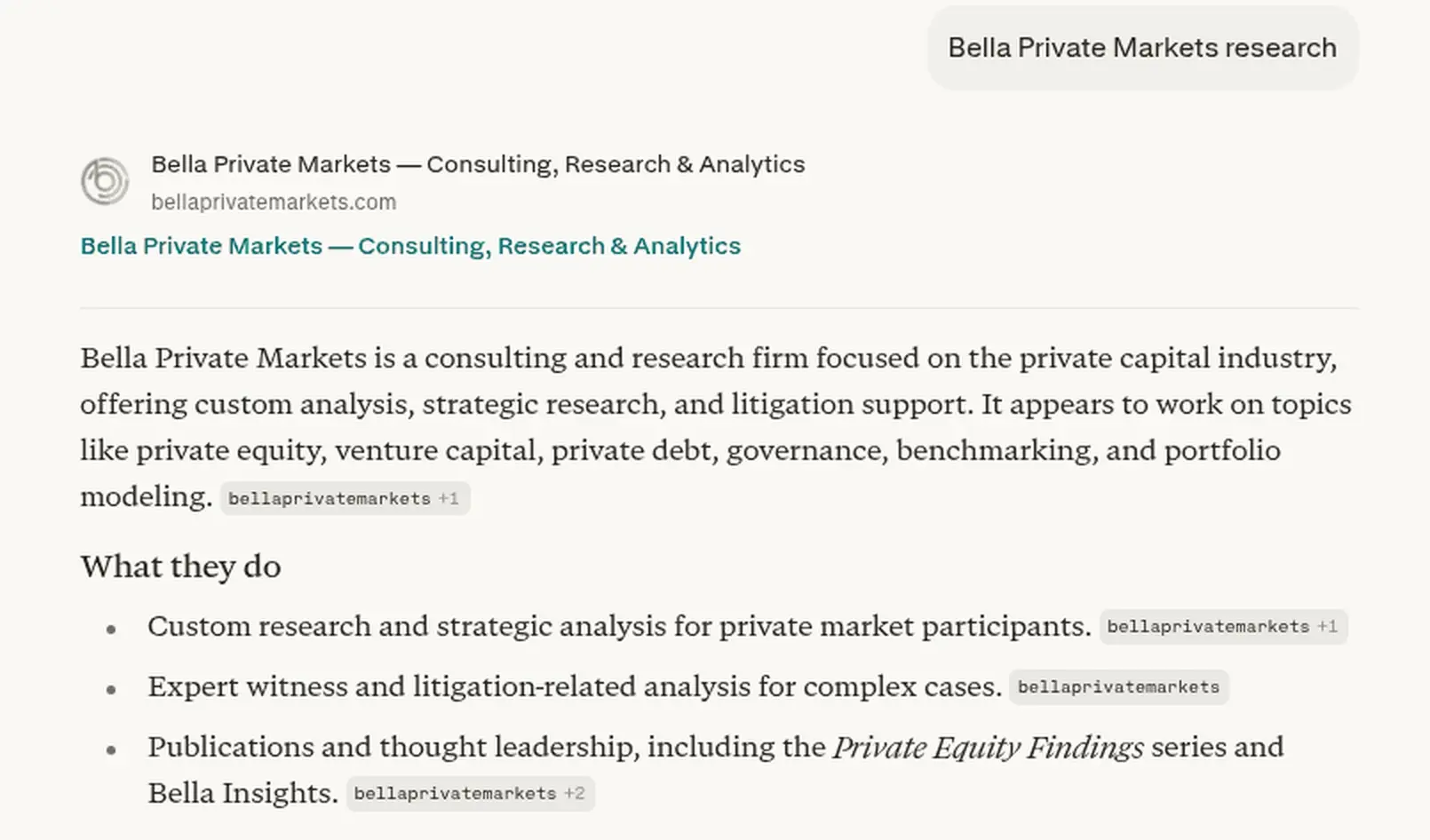 Perplexity's answer profiling Bella Private Markets, sourced to bellaprivatemarkets.com, with a bellaprivatemarkets citation chip on each claim.
