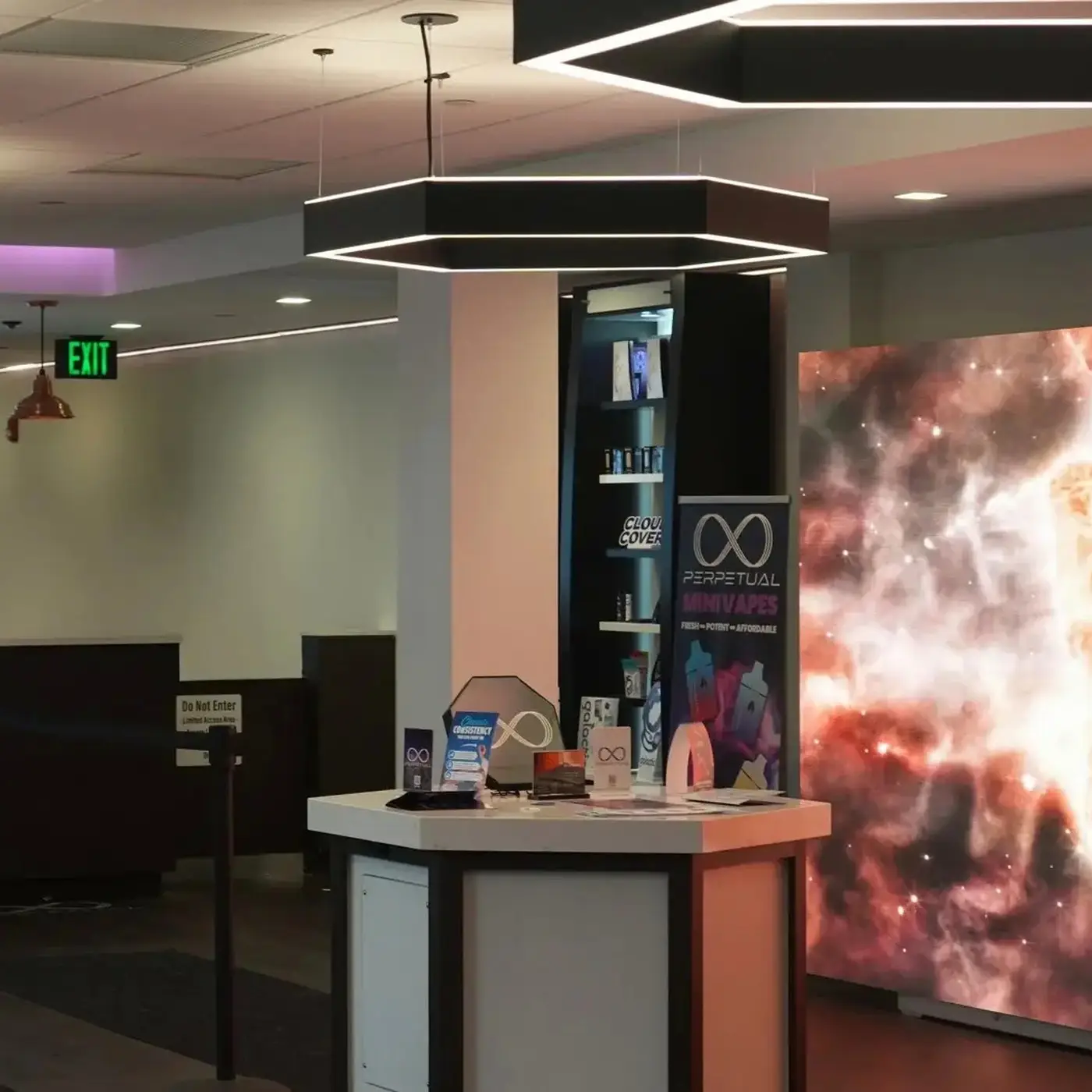 Perpetual dispensary interior with LED feature wall