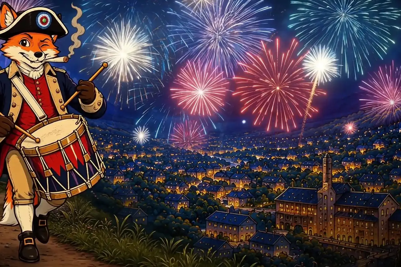 A frame from the Fourth of July menu-screen animation: the Pioneer Valley fox in a tricorn hat and red coat drumming along a ridge above a valley, fireworks over the town below.