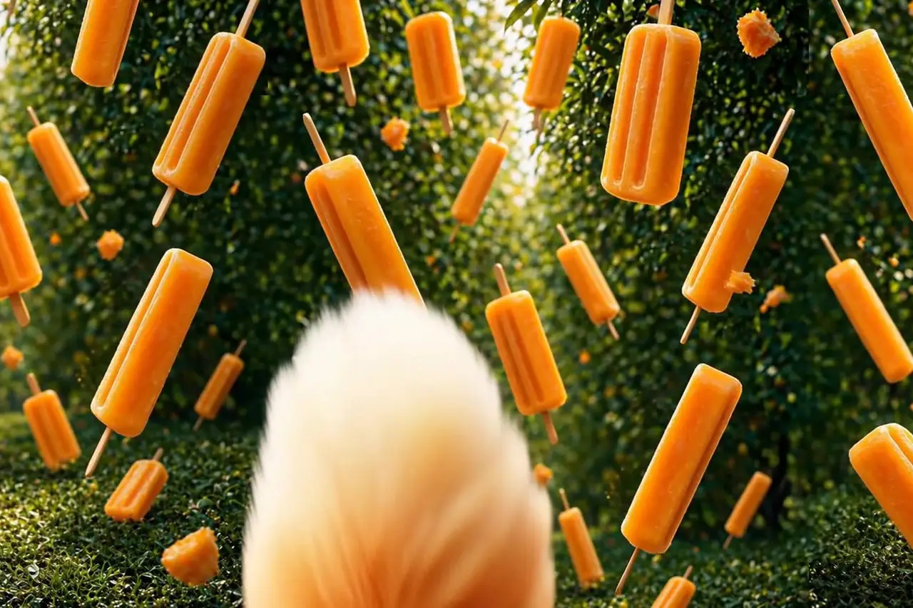 A frame from a summer vape animation: the illustrated fox tumbling backwards through a rain of orange popsicles.