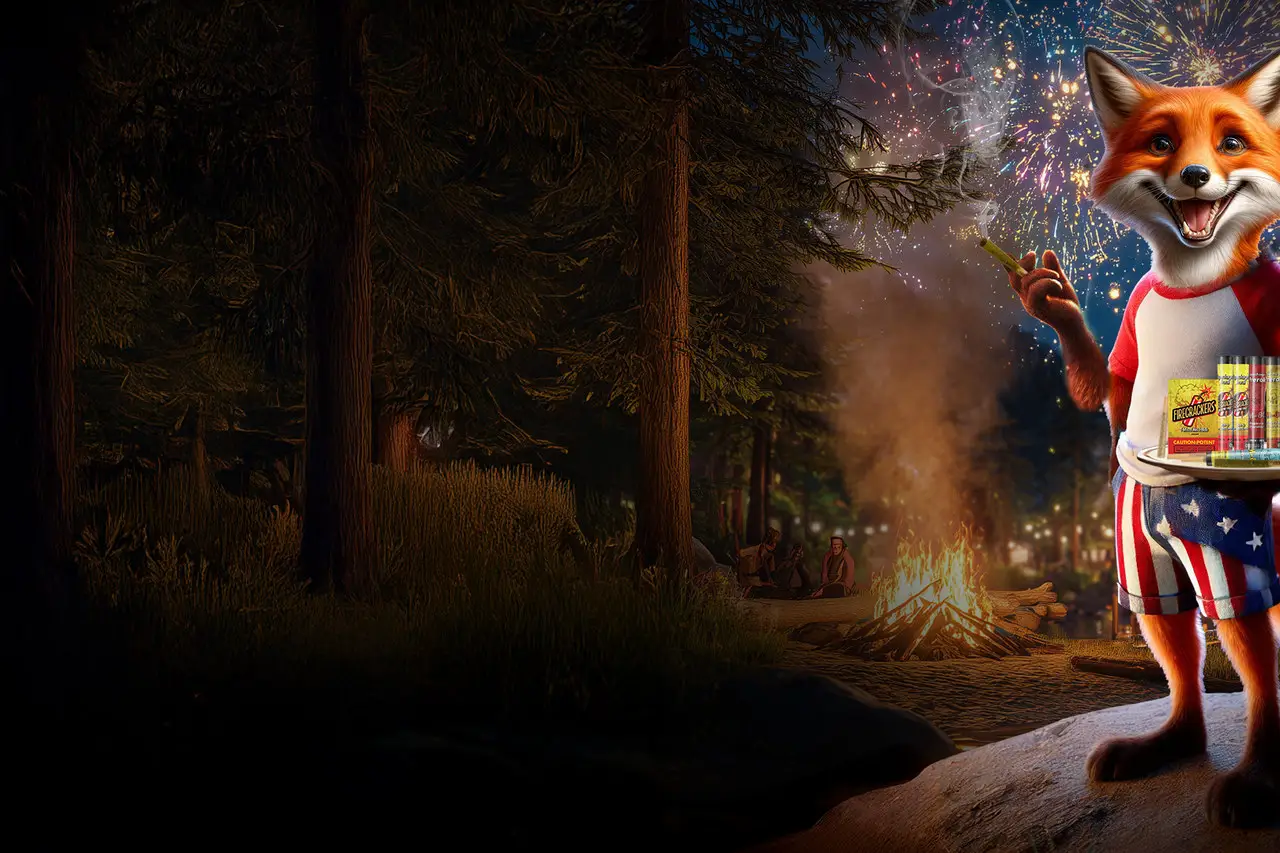 A dispensary menu-screen promo for the Fourth of July: the fox in stars-and-stripes shorts carrying a tray of infused pre-rolls in a woodland clearing.