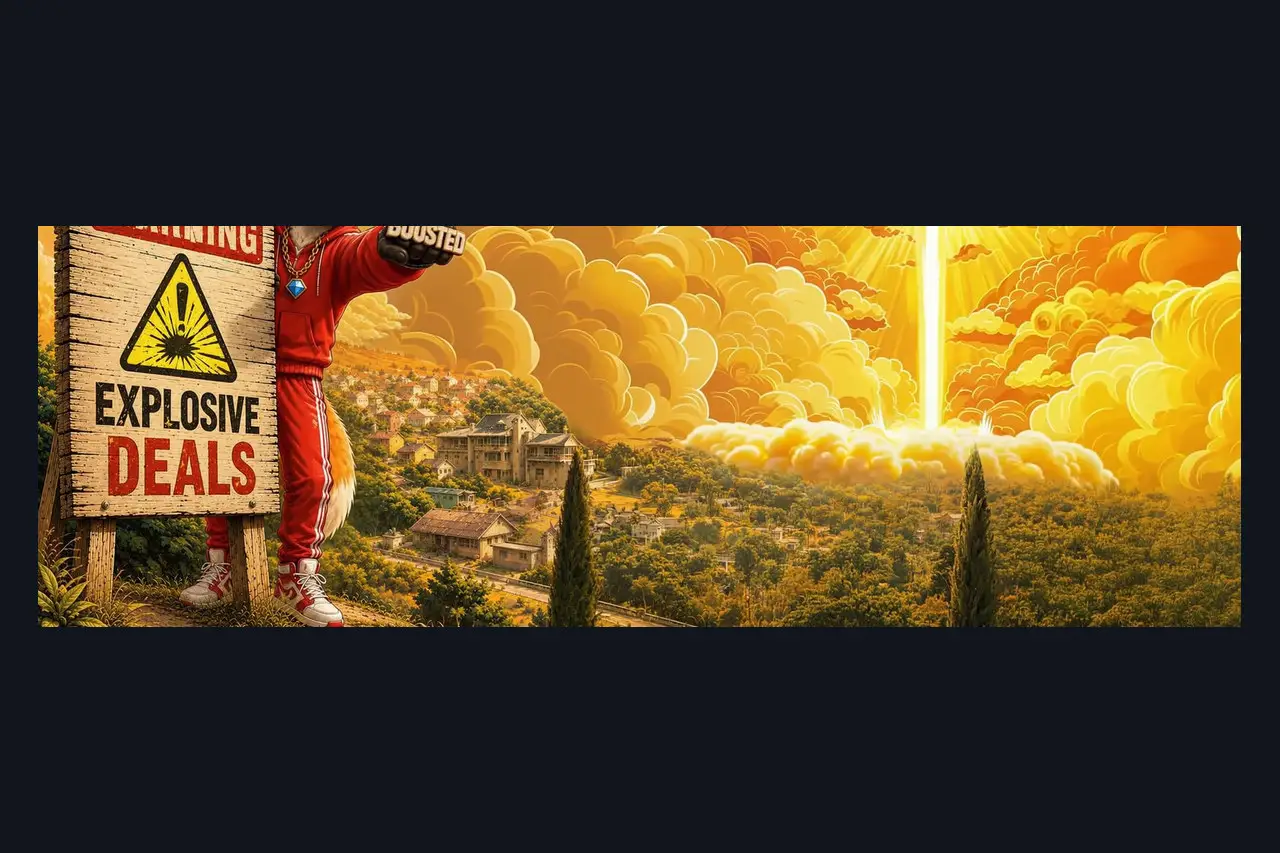 A frame from the animated digital menu banner: the fox in a red suit beside a roadside sign reading Warning, Explosive Deals, above a valley lit gold.