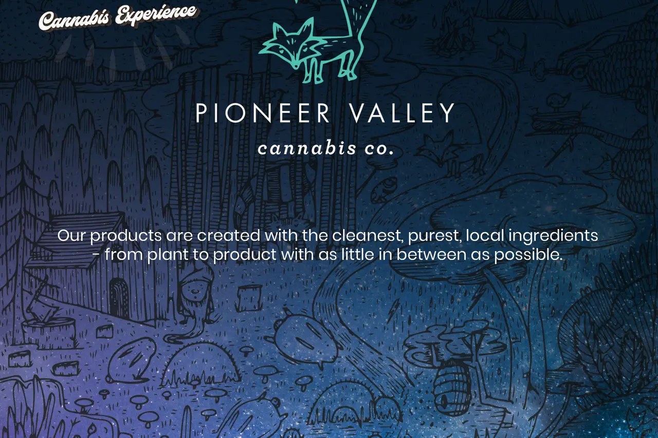 Brand illustration artwork for a Pioneer Valley display case: the teal fox mark and wordmark over a night-sky New England landscape drawn in single-weight line, with the line about clean local ingredients set beneath.