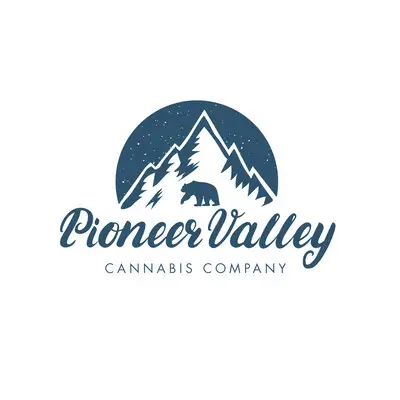 Logo exploration board: a mountain and bear badge in navy with a script Pioneer Valley wordmark across it.