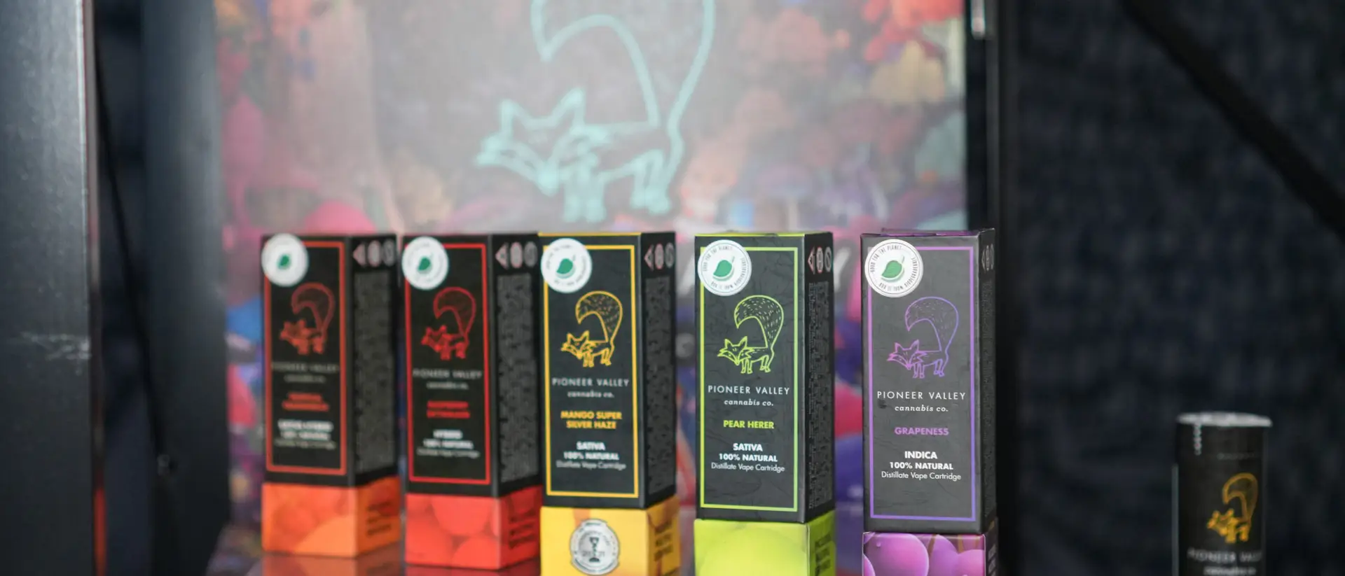A lit retail display shelf of five Pioneer Valley vape cartons, each in its own flavor color, set against the teal fox mark on the illustrated card behind.