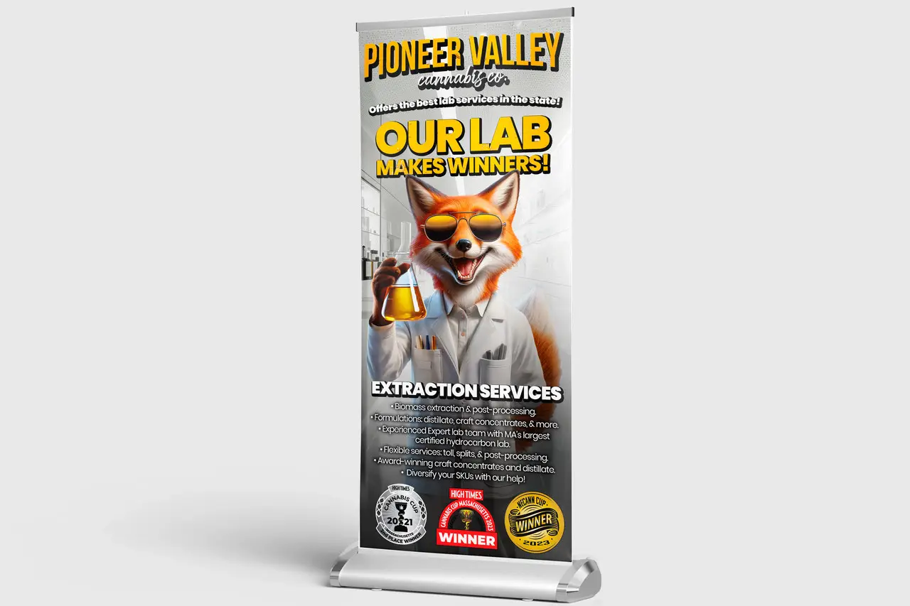 A retractable banner render for Pioneer Valley extraction services, headed Our Lab Makes Winners with the fox in a lab coat holding a flask.