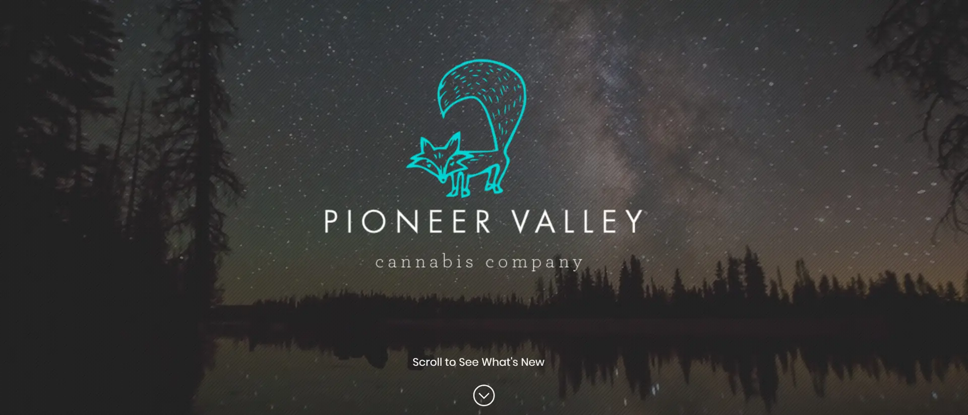 The pvxtracts.com homepage hero: the Pioneer Valley fox mark and wordmark over a night forest and star field, with a scroll prompt beneath.
