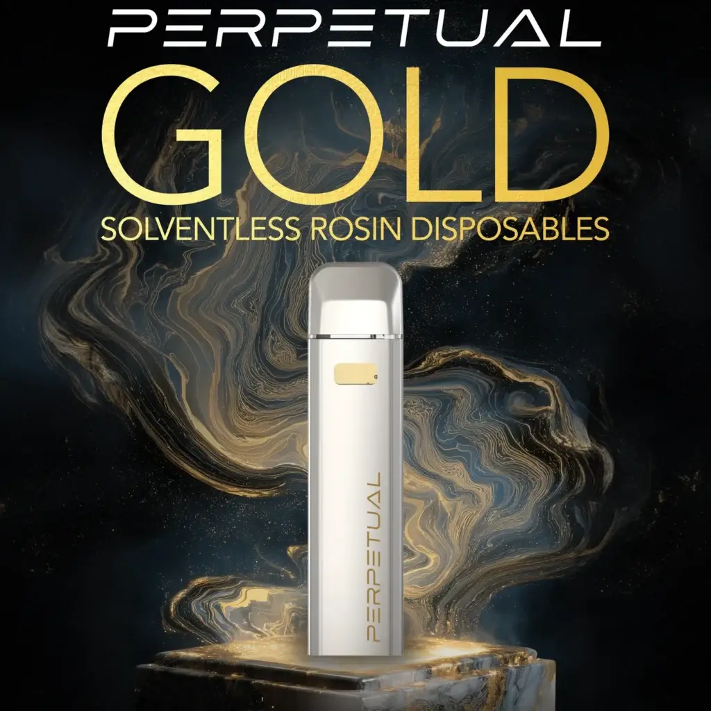 Perpetual Gold solventless rosin disposable poster, silver device on a black and gold marble plinth
