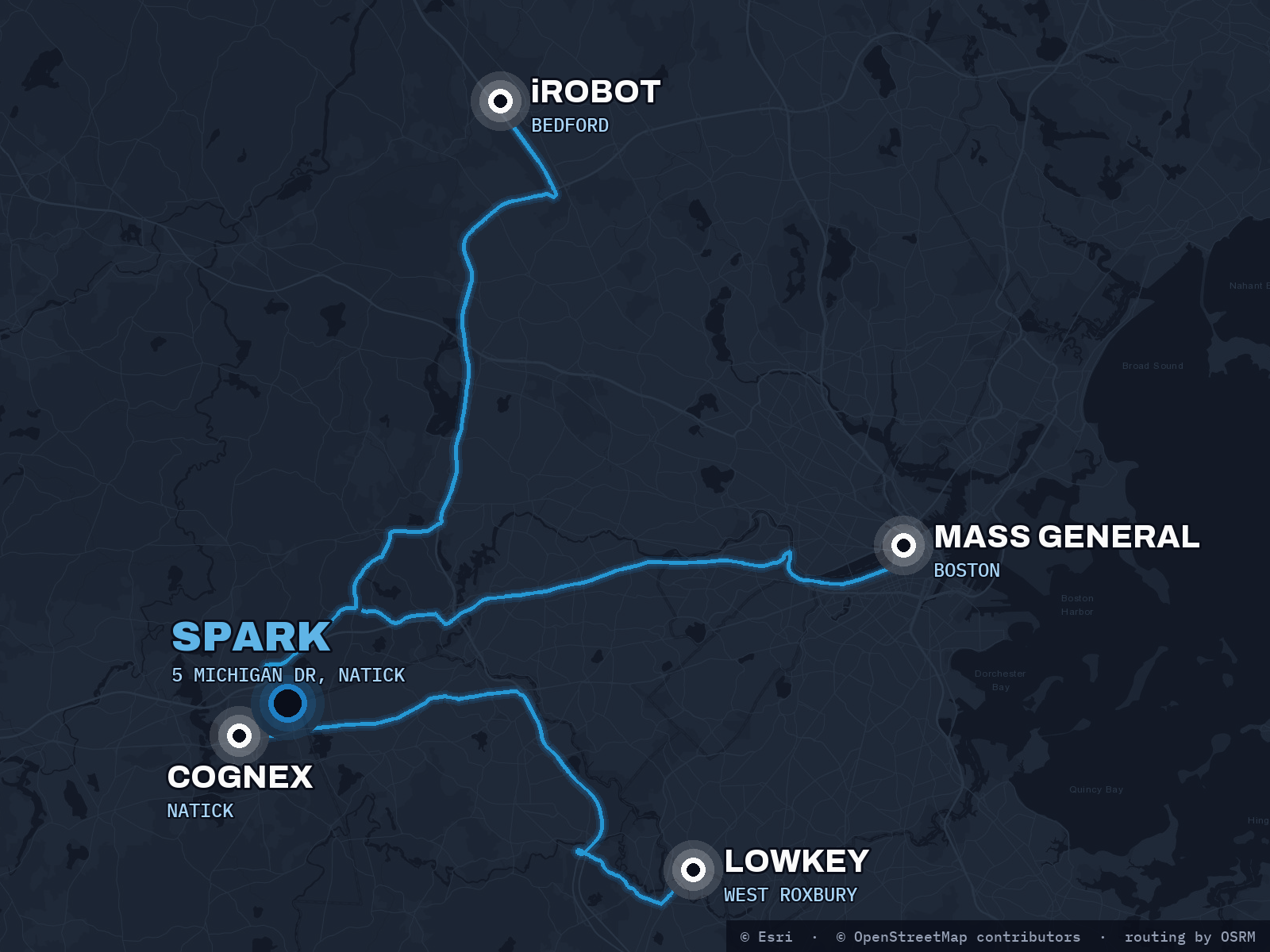 Map of Spark's Natick office and the routes to Boston-area clients Mass General, Lowkey, Cognex and iRobot